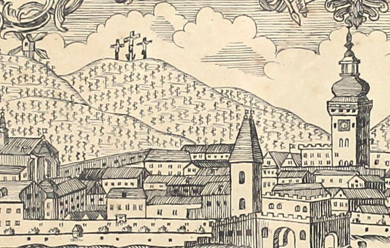 Retz mit Kalvarienberg im Hintergrund, Zeichnung (© Museum Retz)